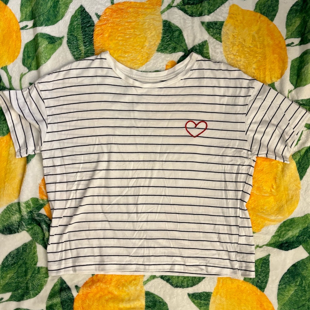 Isa & Ella Striped Crop Tee with Red Stitched Heart